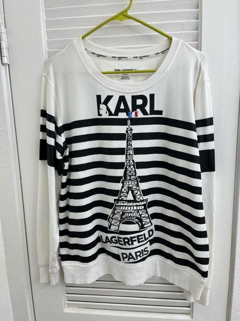 Karl Lagerfeld White & Black Paris Flag Stripe Tee Sweatshirt M
